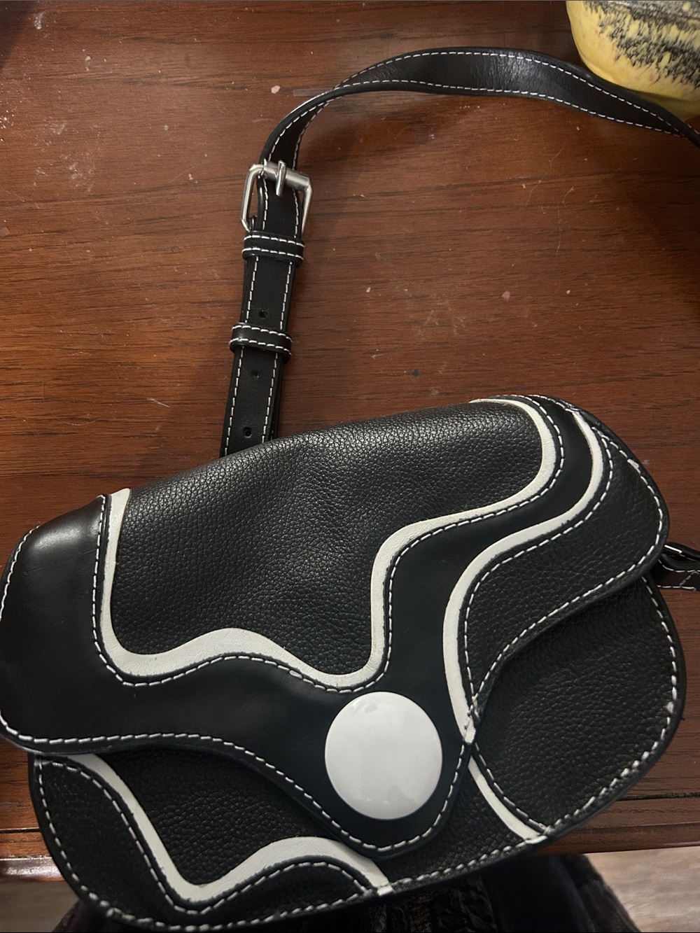 Fluevog Rosanna leather Black and White Women’s Saddle Shoulder Bag